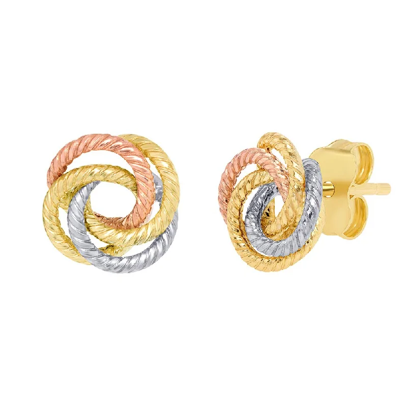 14K Tri-Color Gold Twisted Love Knot Stud Rope Earrings, 9mm