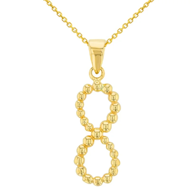 14K Yellow Gold Beaded Vertical Infinity Pendant with Cable, Curb, or Figaro Chain Necklaces