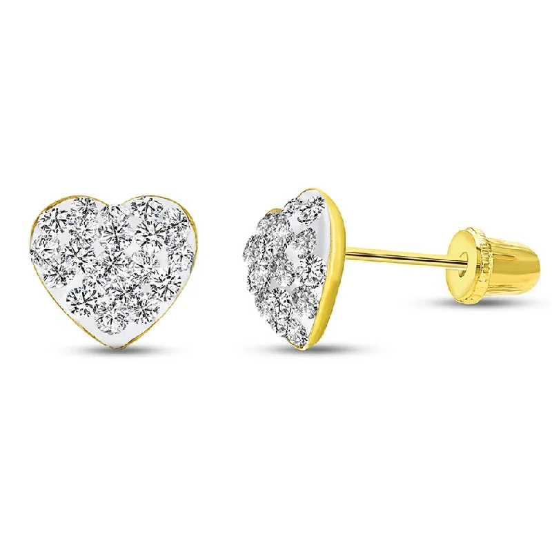 14k Yellow Gold Clear CZ Heart Stud Earrings with Screw Back