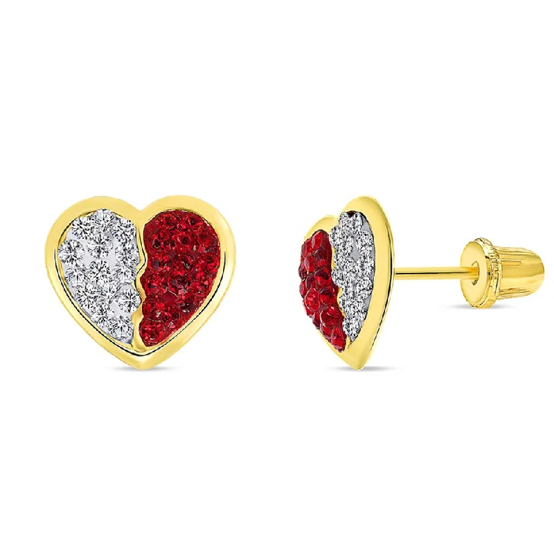 14k Yellow Gold CZ Heart Stud Earrings with Screw Back