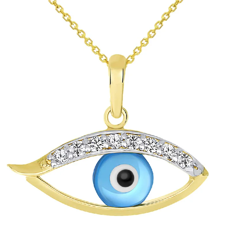 14k Yellow Gold Dainty Open CZ Blue Evil Eye Charm Pendant Necklace