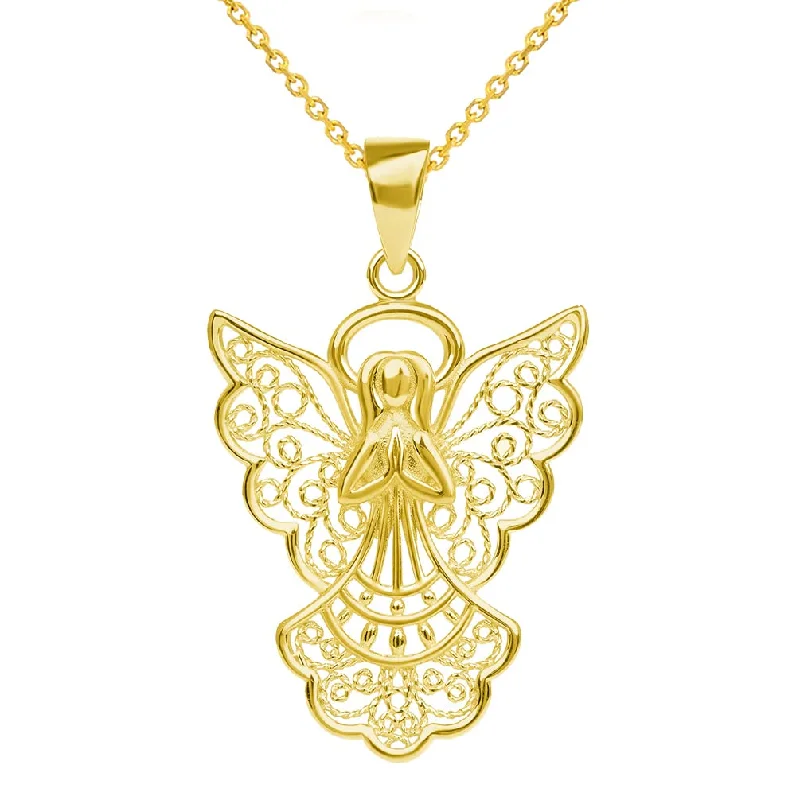 14k Yellow Gold Filigree Angel Pendant with Rolo Cable, Cuban Curb, or Figaro Chain Necklaces