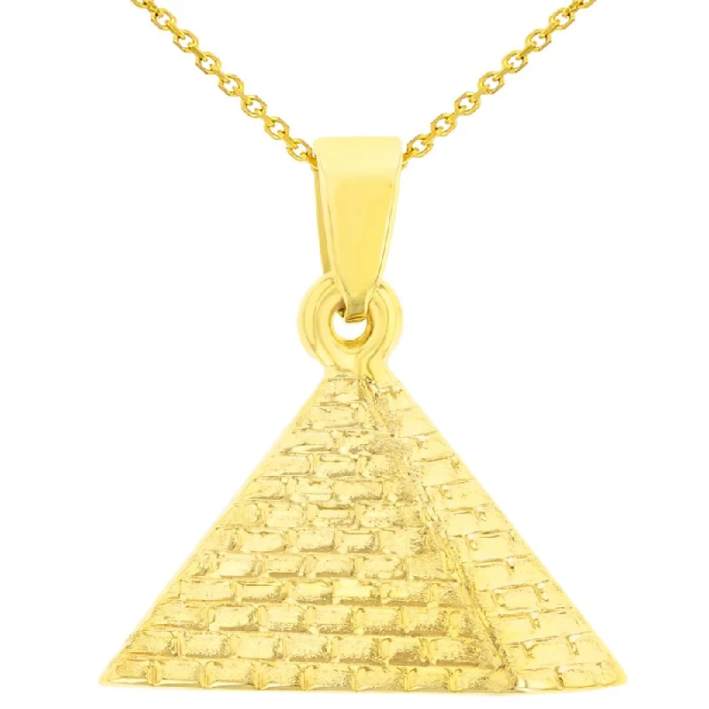 14K Yellow Gold Satin Polished Egyptian 2D Pyramid Pendant with Cable, Curb, or Figaro Chain Necklaces