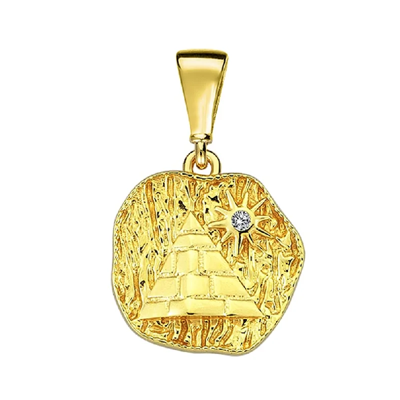 14k Yellow Gold Textured CZ Egyptian Pyramid Talisman Pendant (Small)