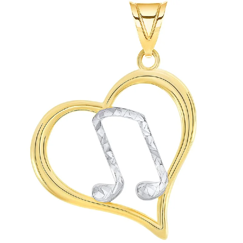 14k Yellow Gold Textured Two Tone Musical G Clef Note In Open Heart Pendant