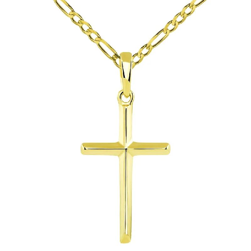 14K Yellow Gold Traditional Simple Religious Cross Pendant with Figaro Chain Necklace