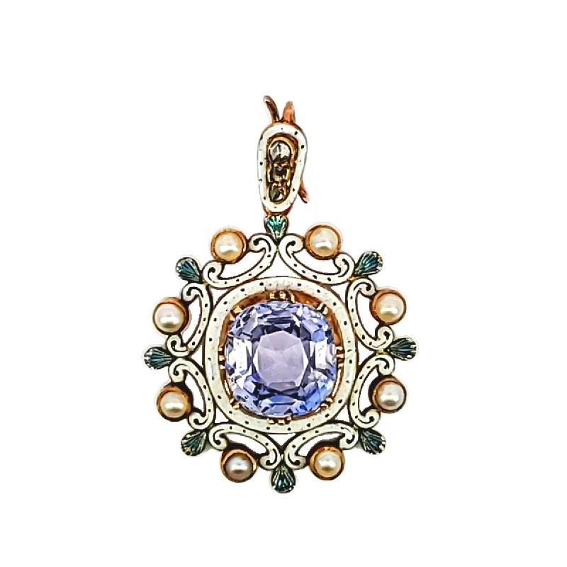 Antique 18KT Yellow Gold Sapphire & Natural Pearl Pendant