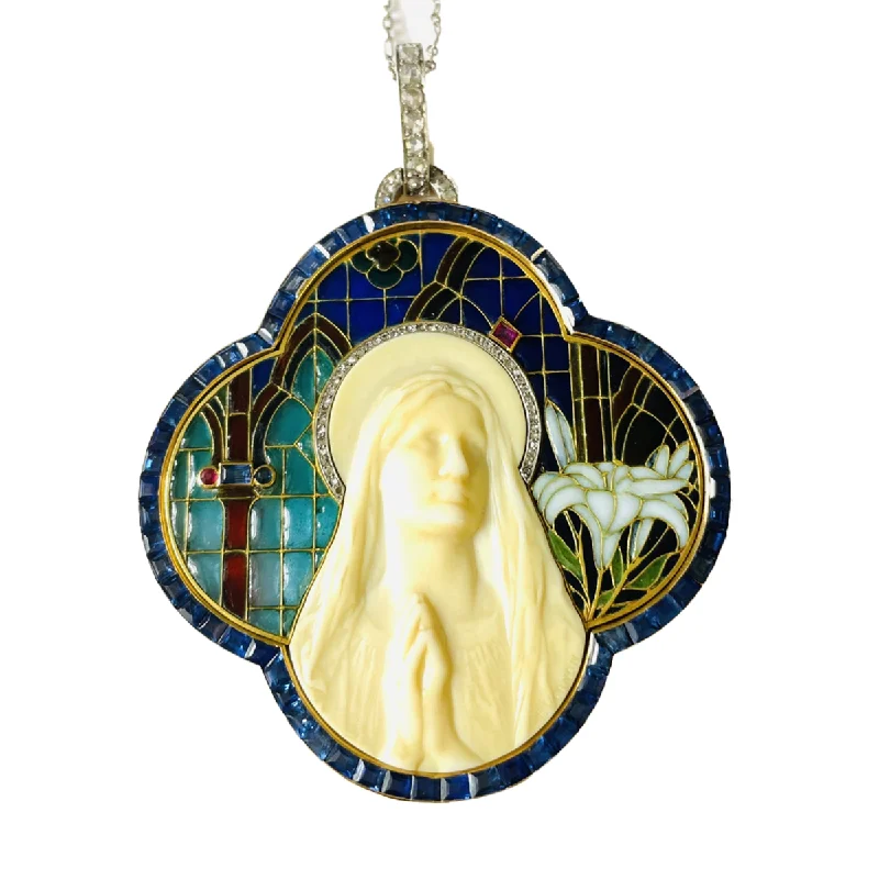 Art Nouveau 18KT Yellow Gold Enamel, Bone, Diamond, Ruby & Sapphire Plique á jour Madonna Pendant