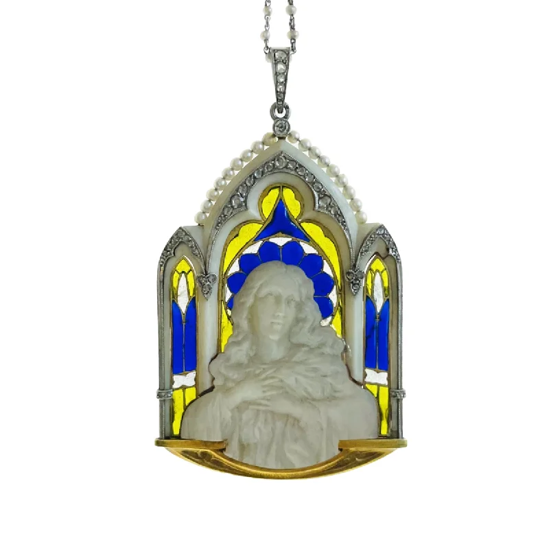 Art Nouveau 18KT Yellow Gold Enamel, Diamond, Natural Pearl & Mother of Pearl Madonna Plique-à-Jour Pendant