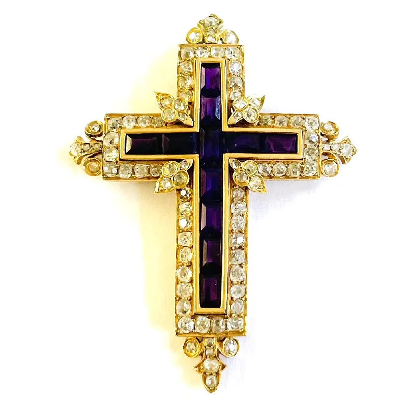 French Antique 18KT Yellow Gold Amethyst & Diamond Cross Pendant