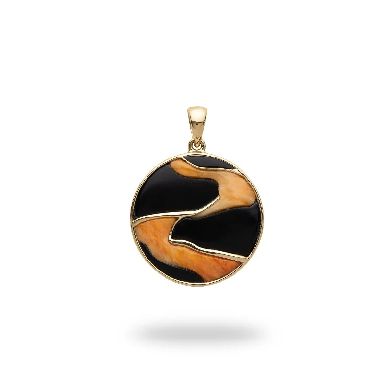 Lava Flow Black Coral and Spiny Oyster Pendant in Gold - 22mm