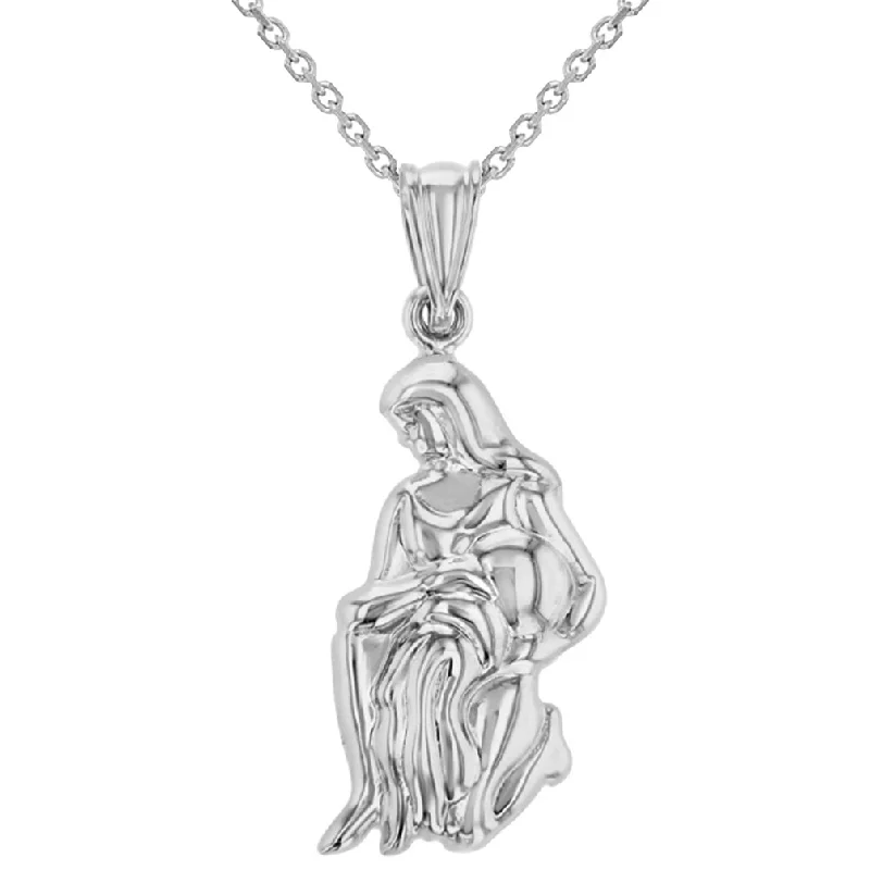 High Polish 14k White Gold 3D Aquarius Water-Bearer Zodiac Sign Charm Pendant Necklace