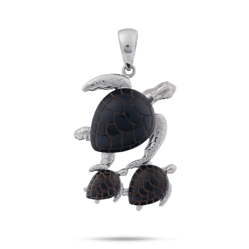 Honu Black Coral Pendant in White Gold - 31mm