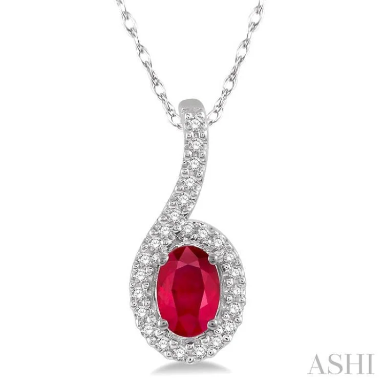 1/8 Ctw Oval Shape 6x4mm Ruby & Round Cut Diamond Precious Pendant in 10K White Gold