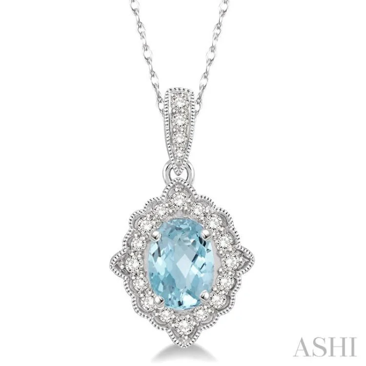 1/6 Ctw Round Cut Diamond and Ethnic Oval Cut 6x4mm Aquamarine Semi Precious Pendant in 10K White Gold with chain