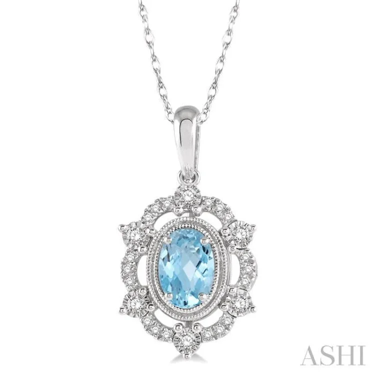 1/6 Ctw Oval Cut 6x4mm Aquamarine & Round Cut Diamond Semi Precious Pendant With Chain in 10K White Gold