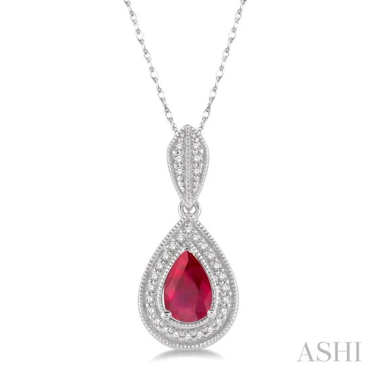 1/10 Ctw Pear Shape 6x4mm Ruby & Round Cut Diamond Precious Pendant With Chain in 10K White Gold