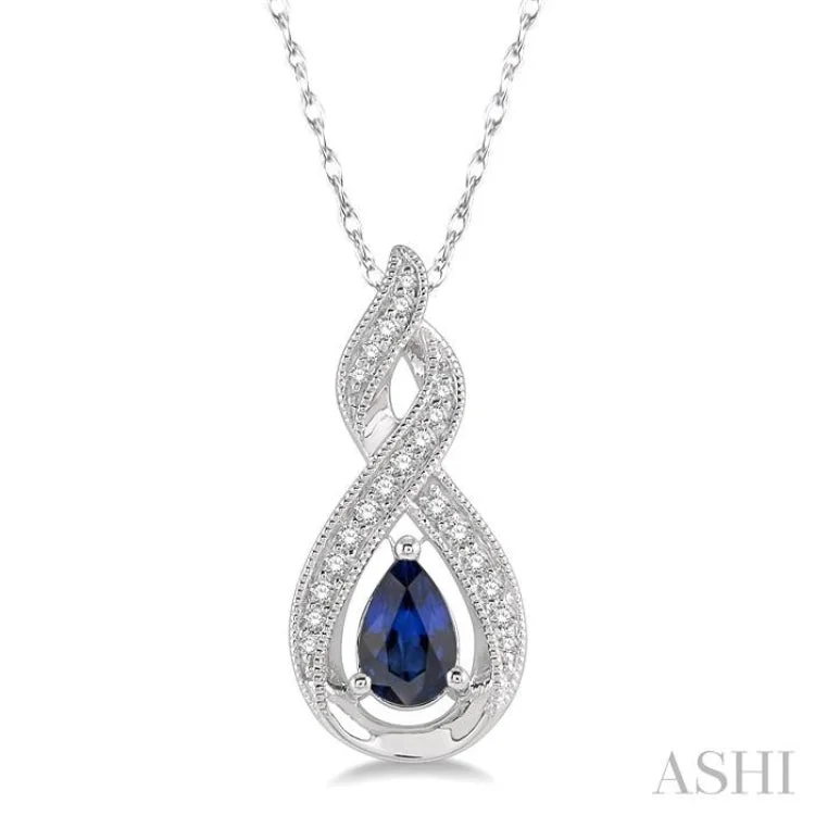 1/10 Ctw Entwined Pear Shape 6x4mm Sapphire & Round Cut Diamond Precious Pendant With Chain in 10K White Gold