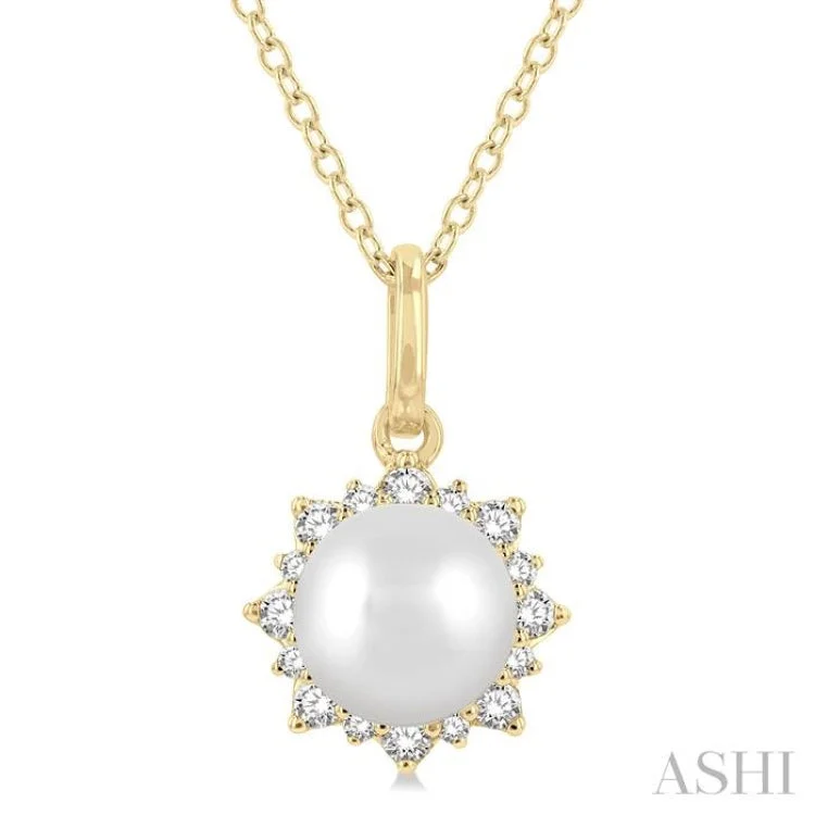 1/10 ctw Petite Sun 6X6MM Cultured Pearl and Round Cut Diamond Fashion Pendant With Chain in 10K Yellow Gold