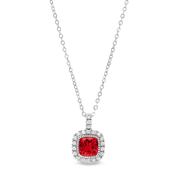 Platinum Finish Sterling Silver Micropave Simulated Ruby Pendant with Simulated Diamonds on 18" Cable Chain