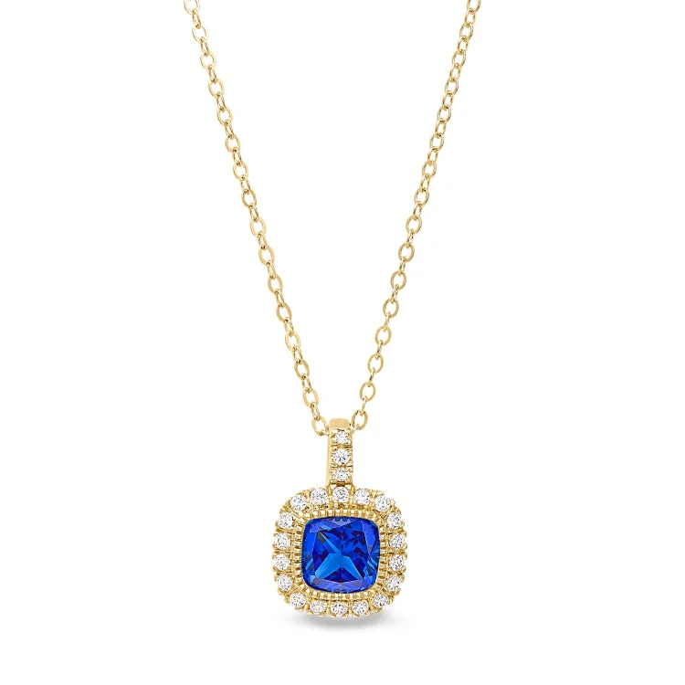 Gold Finish Sterling Silver Micropave Simulated Blue Sapphire Pendant with Simulated Diamonds on 18" Cable Chain