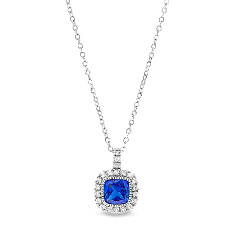 Platinum Finish Sterling Silver Micropave Simulated Blue Sapphire Pendant with Simulated Diamonds on 18" Cable Chain