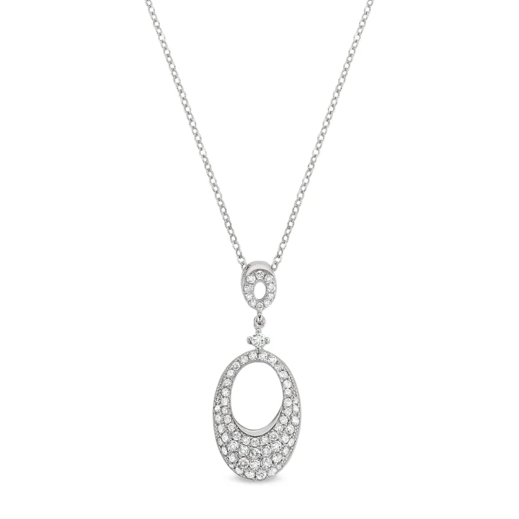 Platinum Finish Sterling Silver Micropave Graduated Open Oval Pendant with Simulated Diamonds on 18" Cable Chain