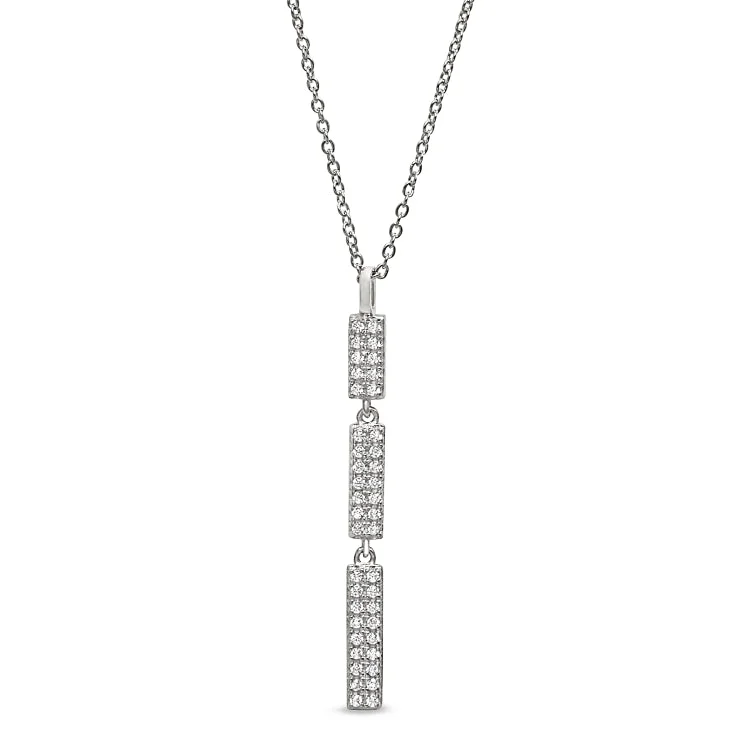 Platinum Finish Sterling Silver Micropave Three Bar Drop Pendant with Simulated Diamonds on 16"-18" Adjustable Chain