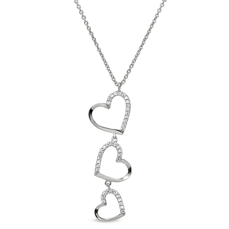 Platinum Finish Sterling Silver Micropave Three Falling Hearts Pendant with Simulated Diamonds on 16"-18" Adjustable Chain