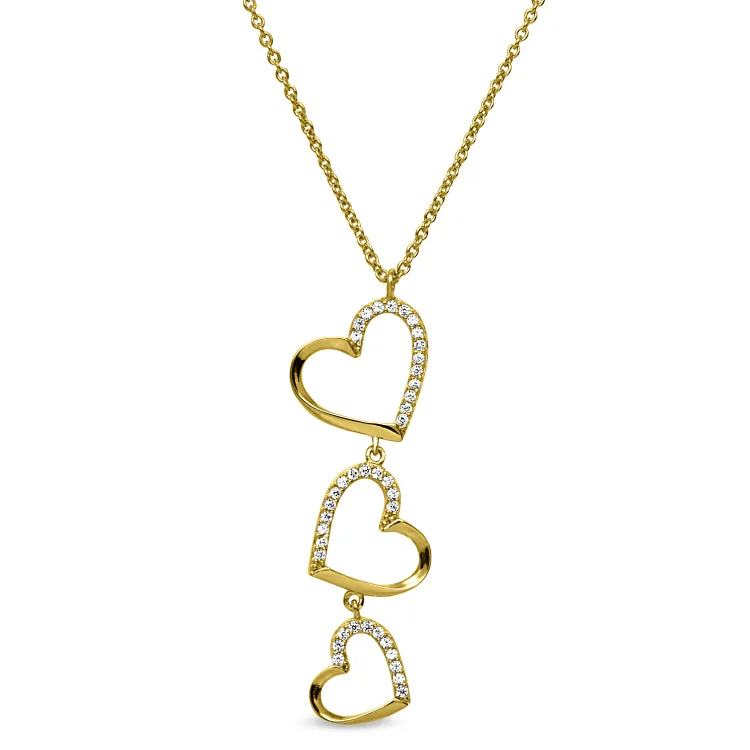 Gold Finish Sterling Silver Micropave Three Falling Hearts Pendant with Simulated Diamonds on 16"-18" Adjustable Chain