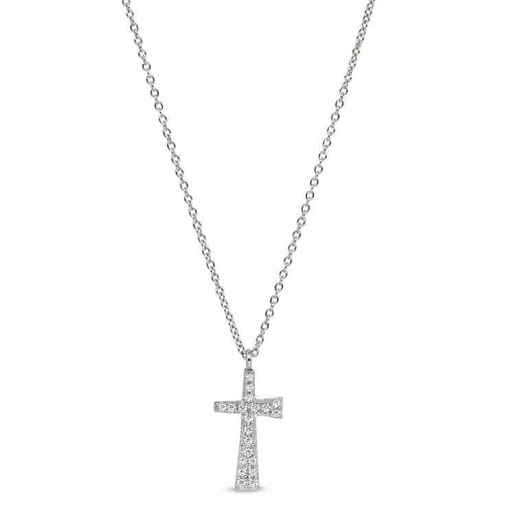 Platinum Finish Sterling Silver Micropave Tapered Cross Pendant with Simulated Diamonds on 16"-18" Adjustable Chain