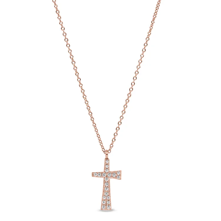 Rose Gold Finish Sterling Silver Micropave Tapered Cross Pendant with Simulated Diamonds on 16"-18" Adjustable Chain