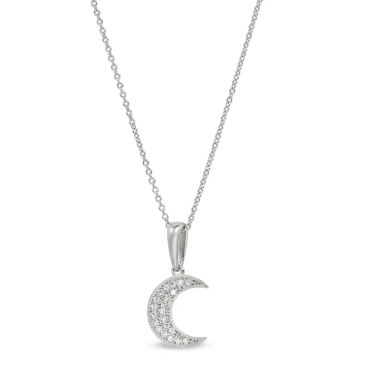 Platinum Finish Sterling Silver Micropave Moon Pendant with Simulated Diamonds on 16"-18" Adjustable Chain