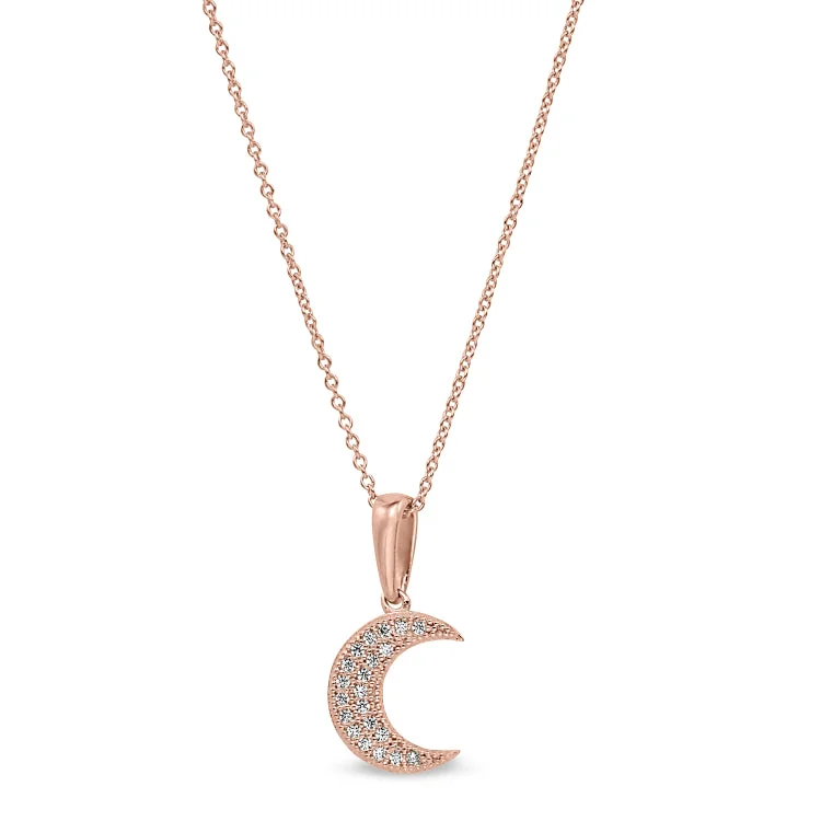 Rose Gold Finish Sterling Silver Micropave Moon Pendant with Simulated Diamonds on 16"-18" Adjustable Chain