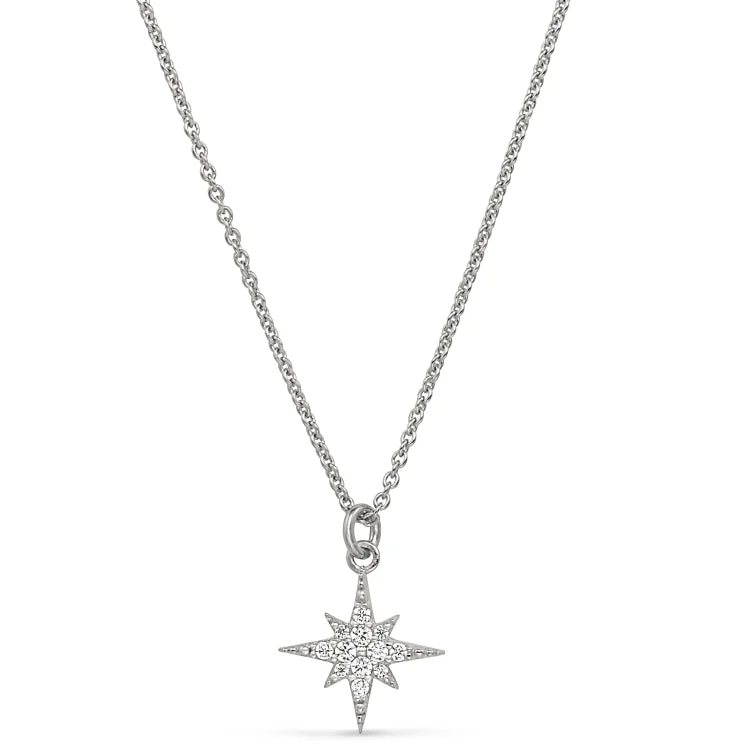 Platinum Finish Sterling Silver Micropave Starburst Pendant with Simulated Diamonds on 16"-18" Adjustable Chain