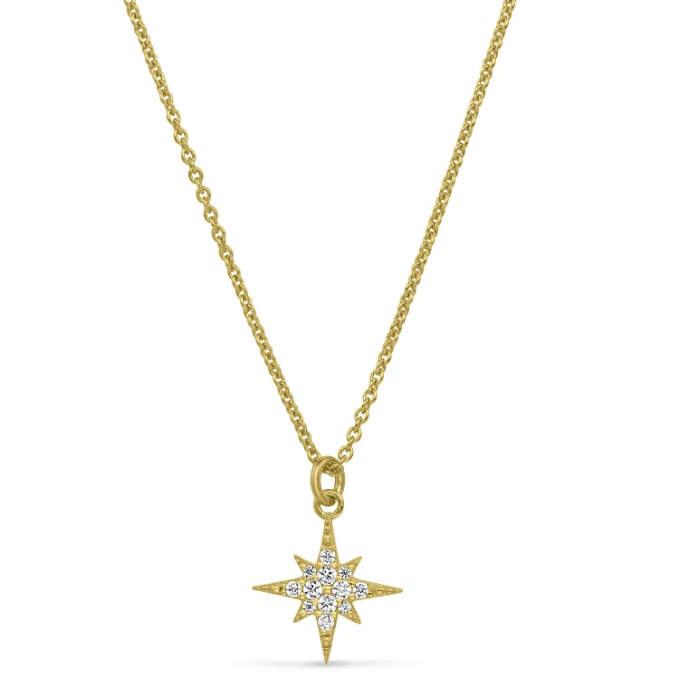 Gold Finish Sterling Silver Micropave Starburst Pendant with Simulated Diamonds on 16"-18" Adjustable Chain