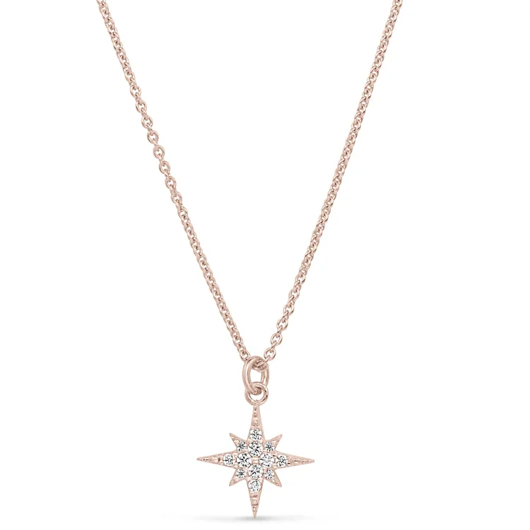 Rose Gold Finish Sterling Silver Micropave Starburst Pendant with Simulated Diamonds on 16"-18" Adjustable Chain