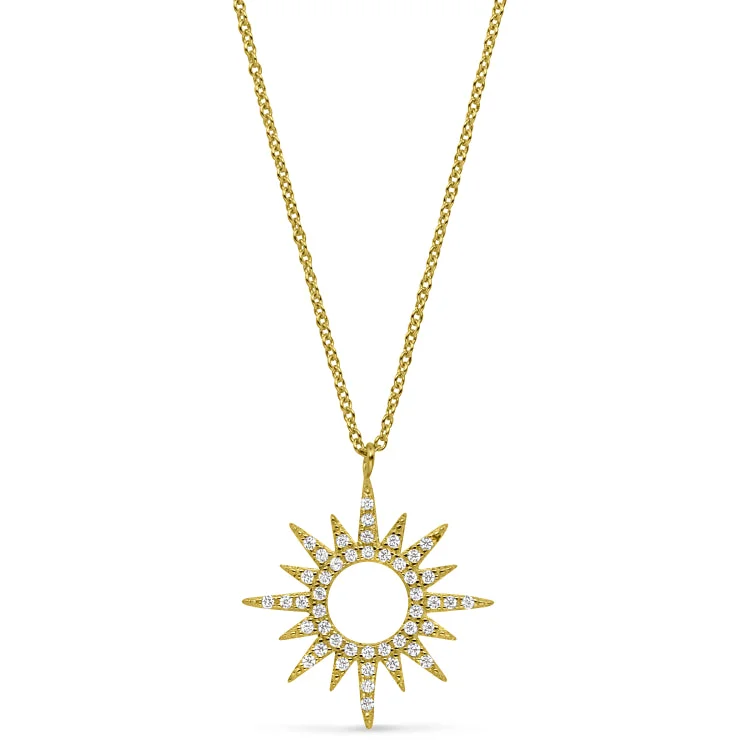 Gold Finish Sterling Silver Micropave Open Starburst Pendant with Simulated Diamonds on 16"-18" Adjustable Chain