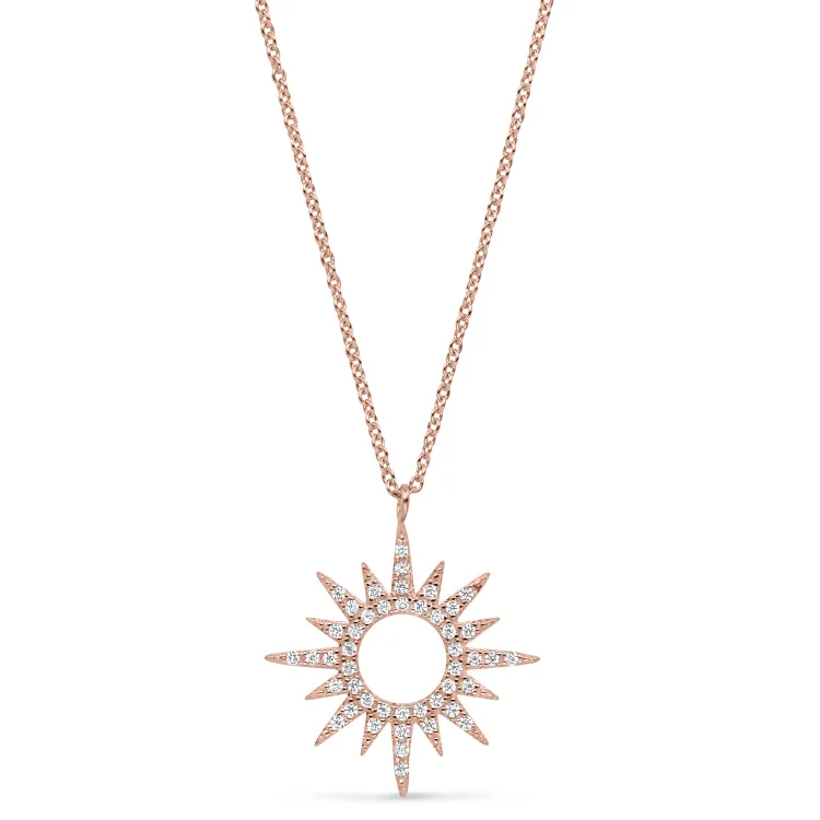 Rose Gold Finish Sterling Silver Micropave Open Starburst Pendant with Simulated Diamonds on 16"-18" Adjustable Chain