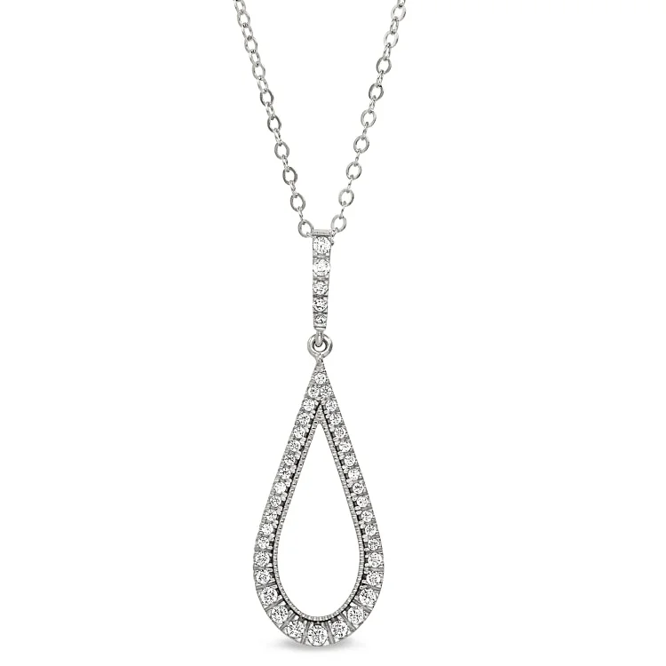 Platinum Finish Sterling Silver Micropave Teardrop Pendant with Simulated Diamonds on 18" Chain