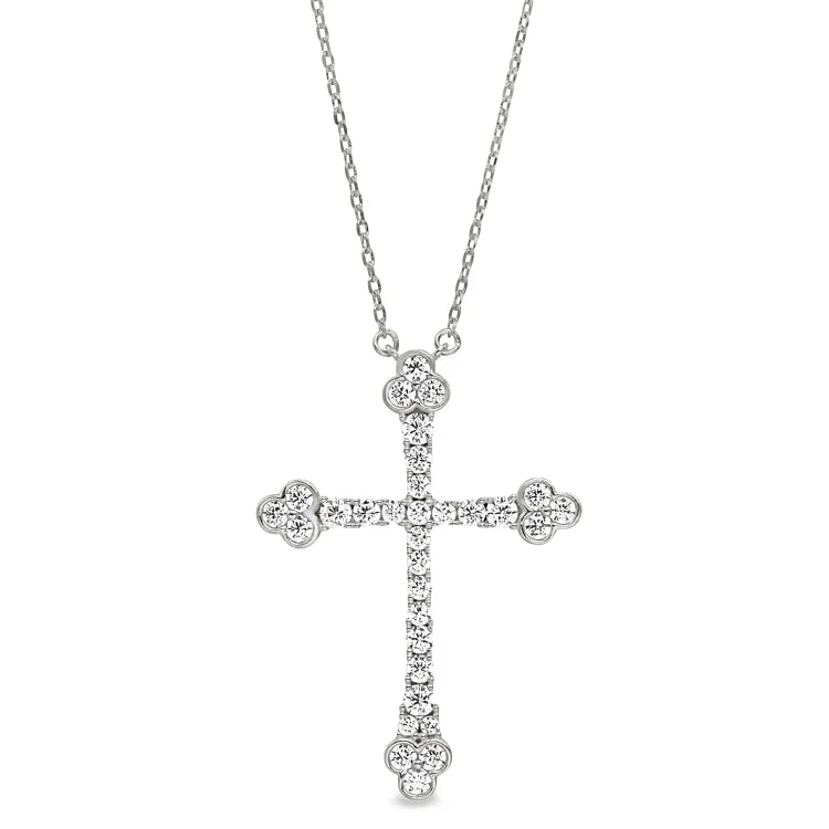 Platinum Finish Sterling Silver Micropave Fancy Cross Pendant with Simulated Diamonds on 16"-18" Adjustable Chain