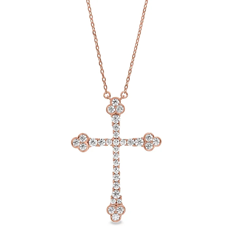 Rose Gold Finish Sterling Silver Micropave Fancy Cross Pendant with Simulated Diamonds on 16"-18" Adjustable Chain