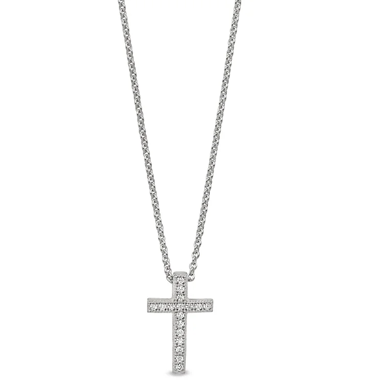 Platinum Finish Sterling Silver Micropave Cross Pendant with Simulated Diamonds on 16"-18" Adjustable Chain