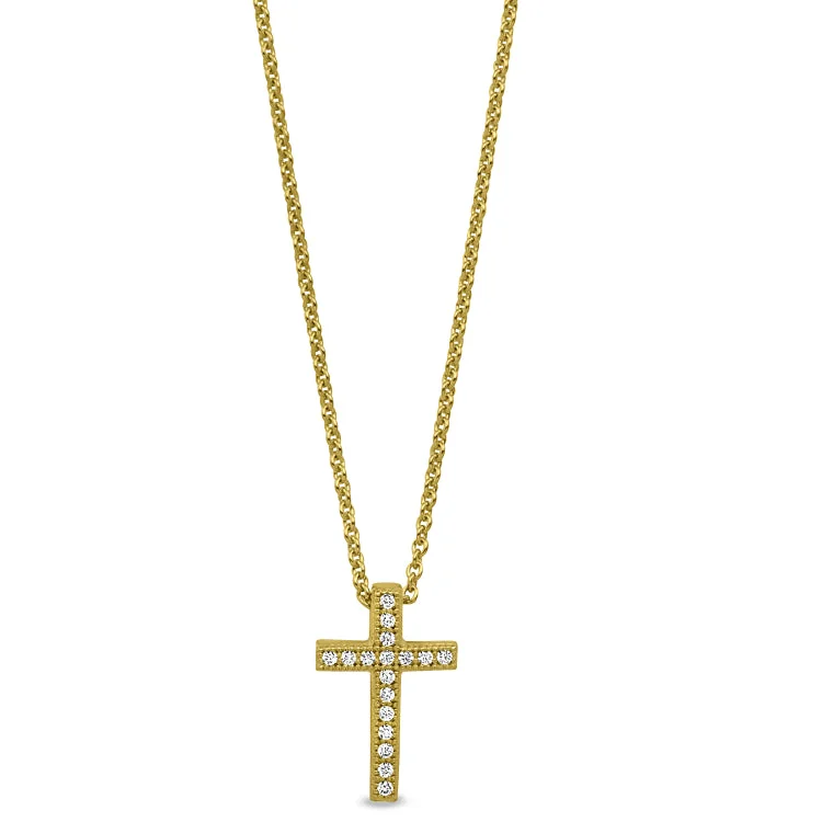 Gold Finish Sterling Silver Micropave Cross Pendant with Simulated Diamonds on 16"-18" Adjustable Chain