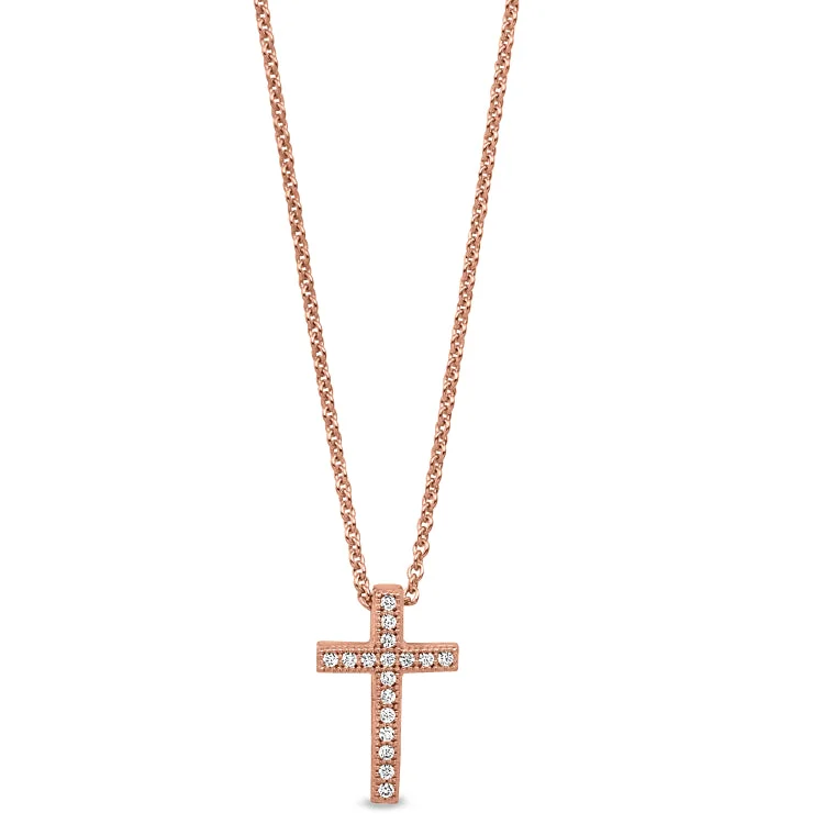 Rose Gold Finish Sterling Silver Micropave Cross Pendant with Simulated Diamonds on 16"-18" Adjustable Chain