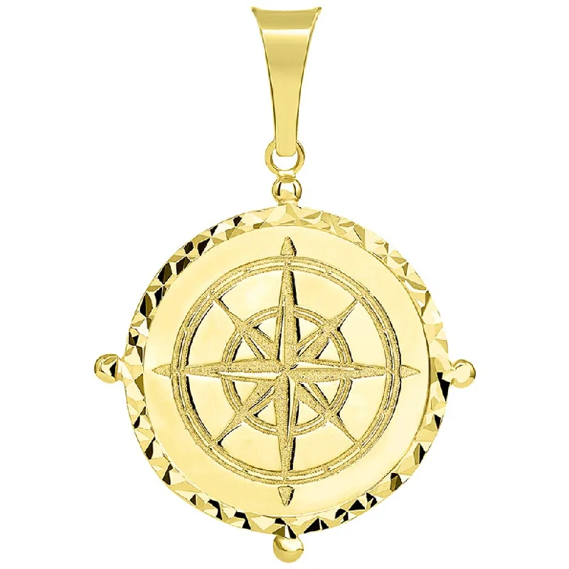 Solid 14k Gold Well Detailed Classic Compass Pendant - Yellow Gold