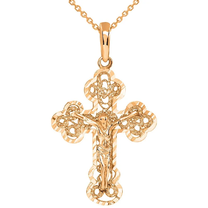 Solid 14k Rose Gold Filigree Eastern Orthodox Cross Crucifix Pendant Necklace