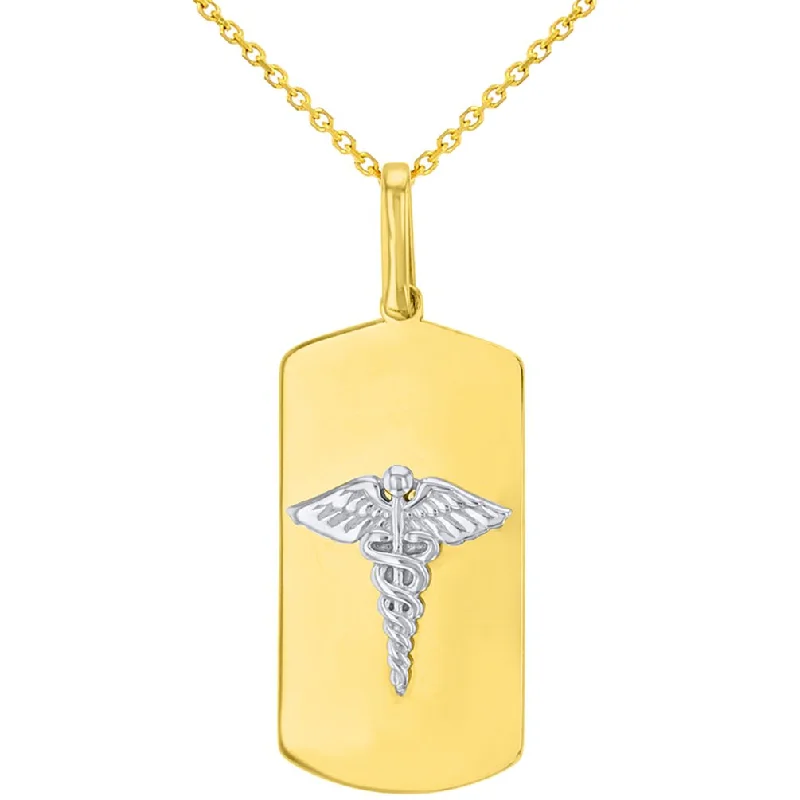 Solid 14K Two Tone Gold Caduceus Charm Medical Symbol Pendant with Cable, Curb, or Figaro Chain Necklaces