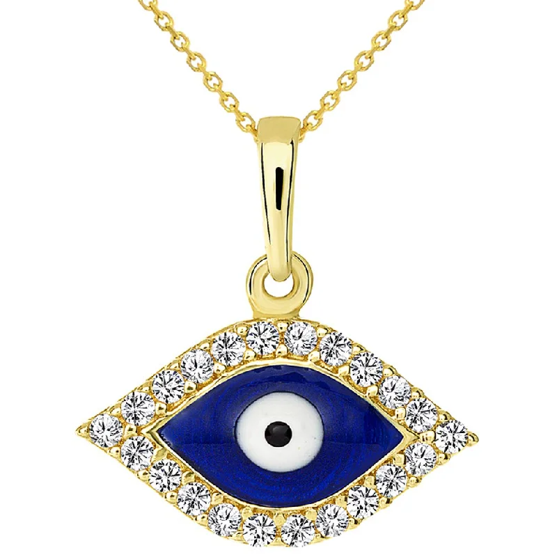 Solid 14k Yellow Gold CZ Nazar Evil Eye Charm Pendant Necklace