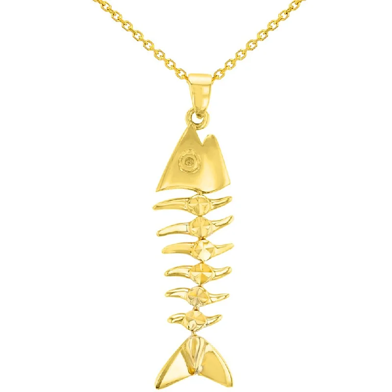 Solid 14K Yellow Gold Dangling Fishbones Pendant with Cable, Curb, or Figaro Chain Necklaces